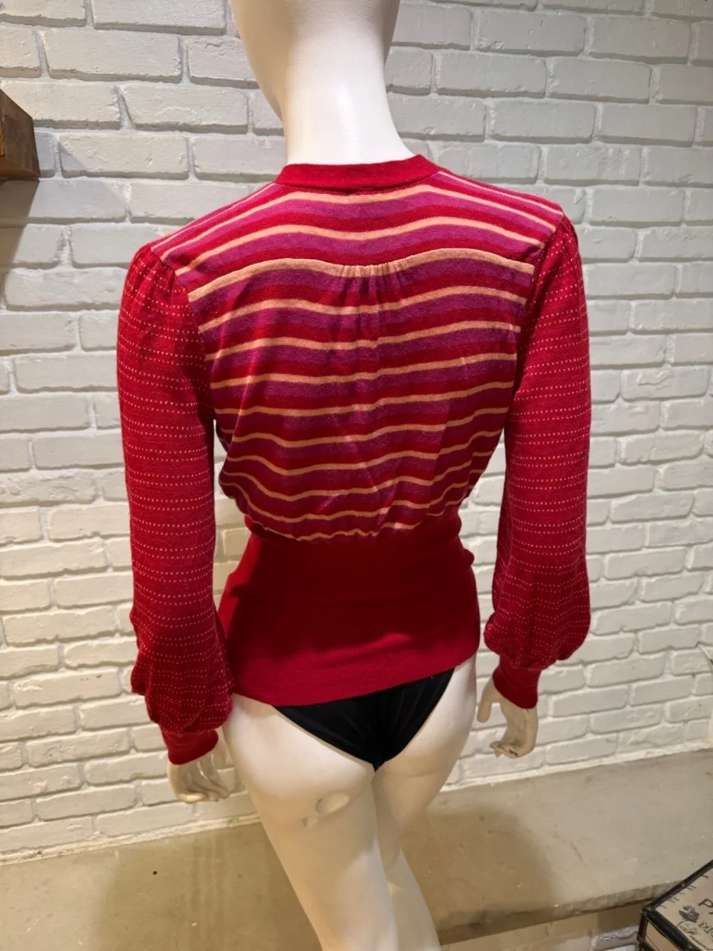 Free People Red Stripe Tie Neck Sweater S NWOT Boho Knit Blouse - Picture 13 of 14